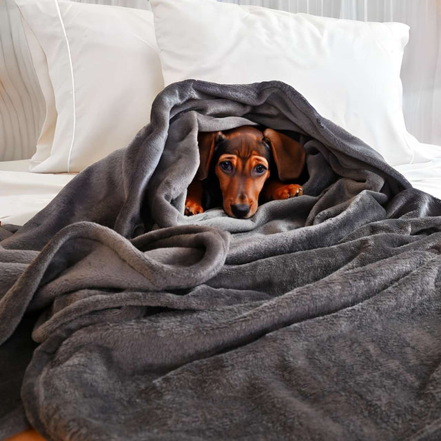 mascota envulta en una cobija matrimonial