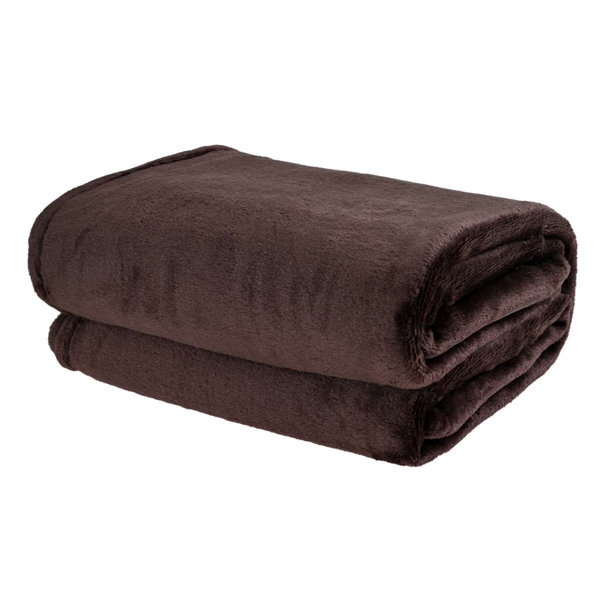 Cobija de flanel color café tamaño queen size doblada en forma rectangular