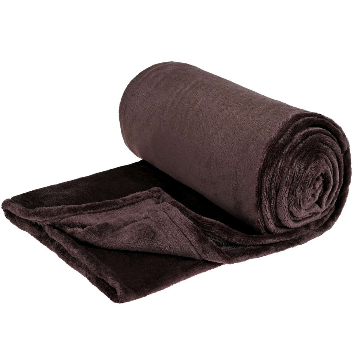 Cobija de flanel color café tamaño queen size doblada en forma de rollo