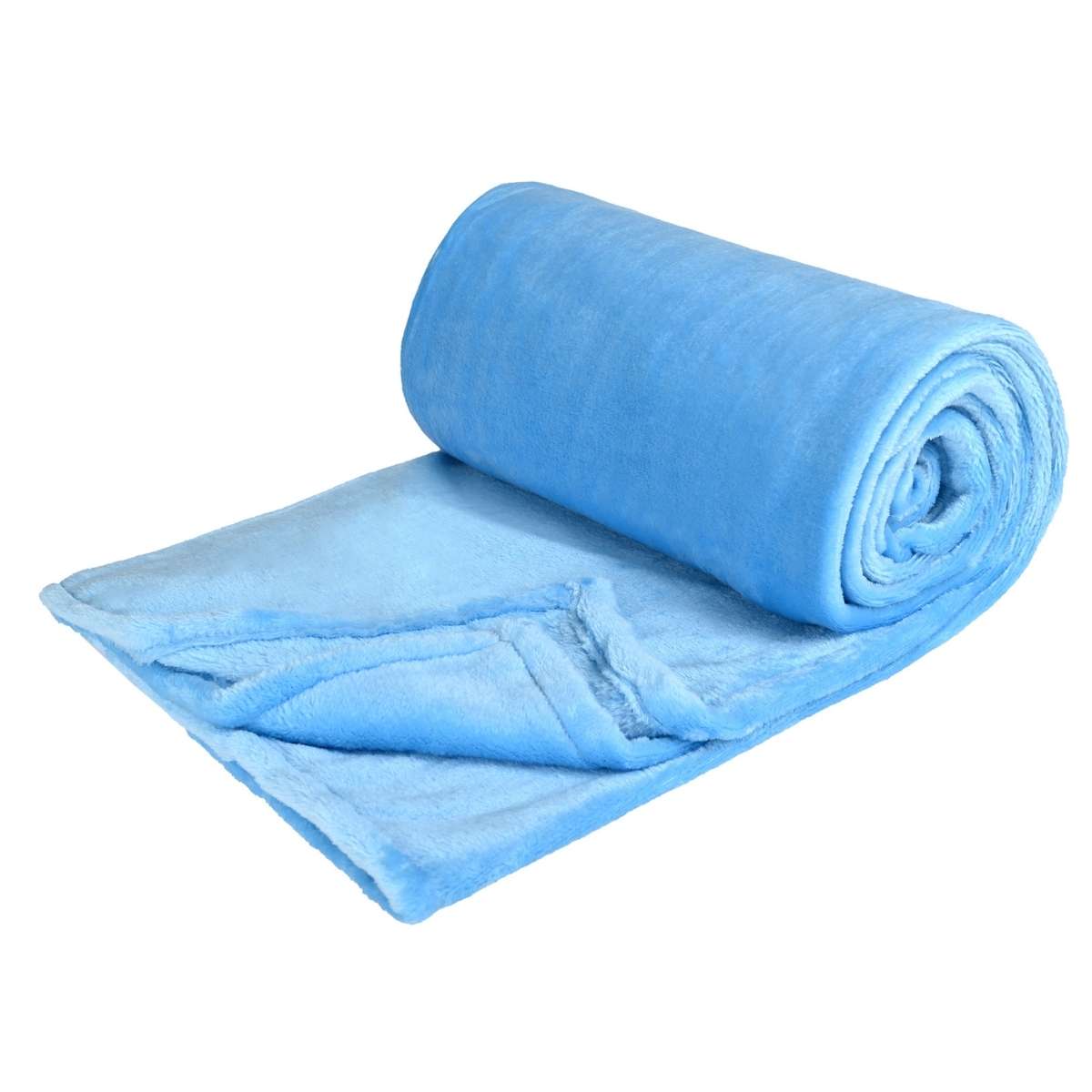 Cobija de flanel color turquesa tamaño individual doblada en forma de rollo