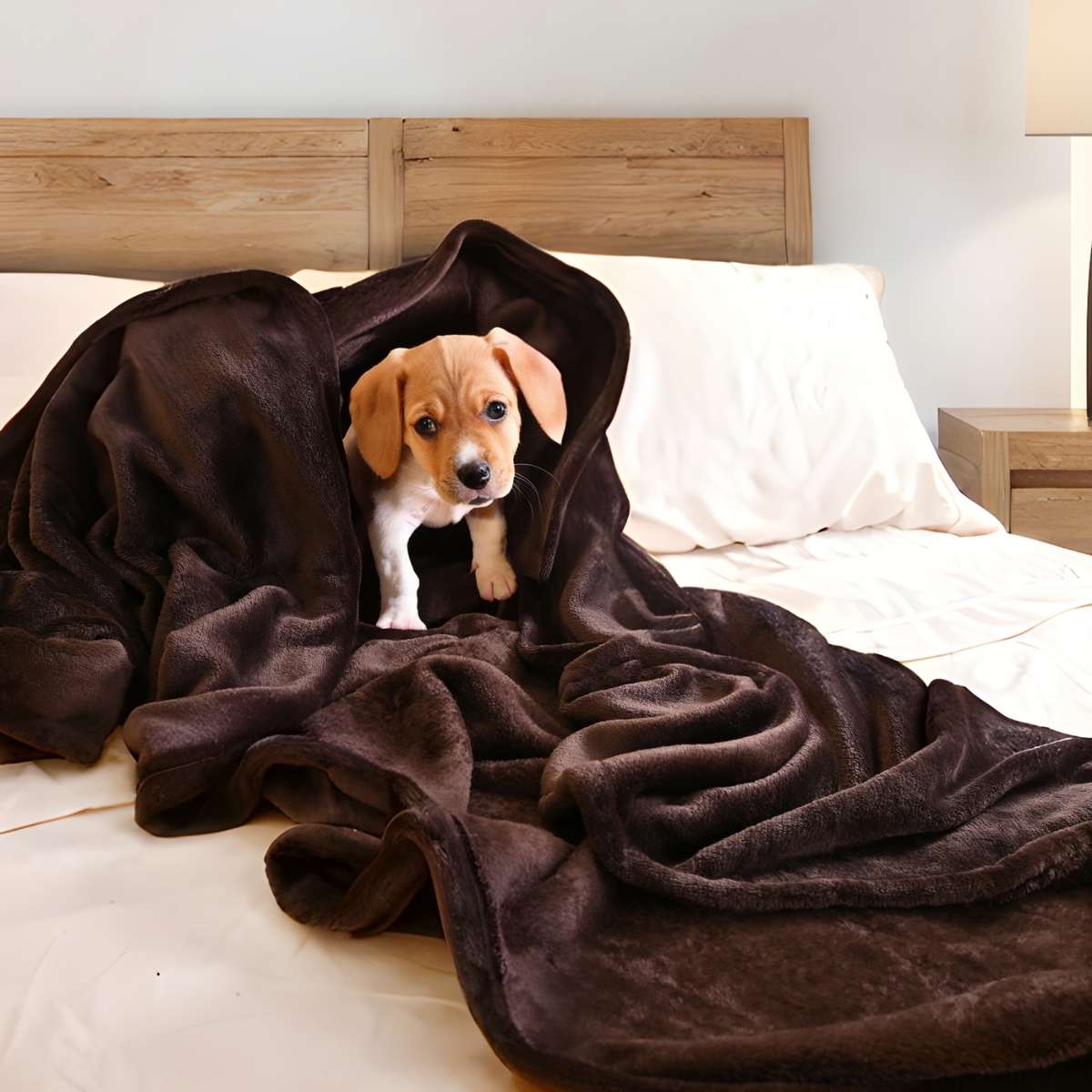 Perro acogedoramente acurrucado bajo una cobija de flanel color café tamaño individual