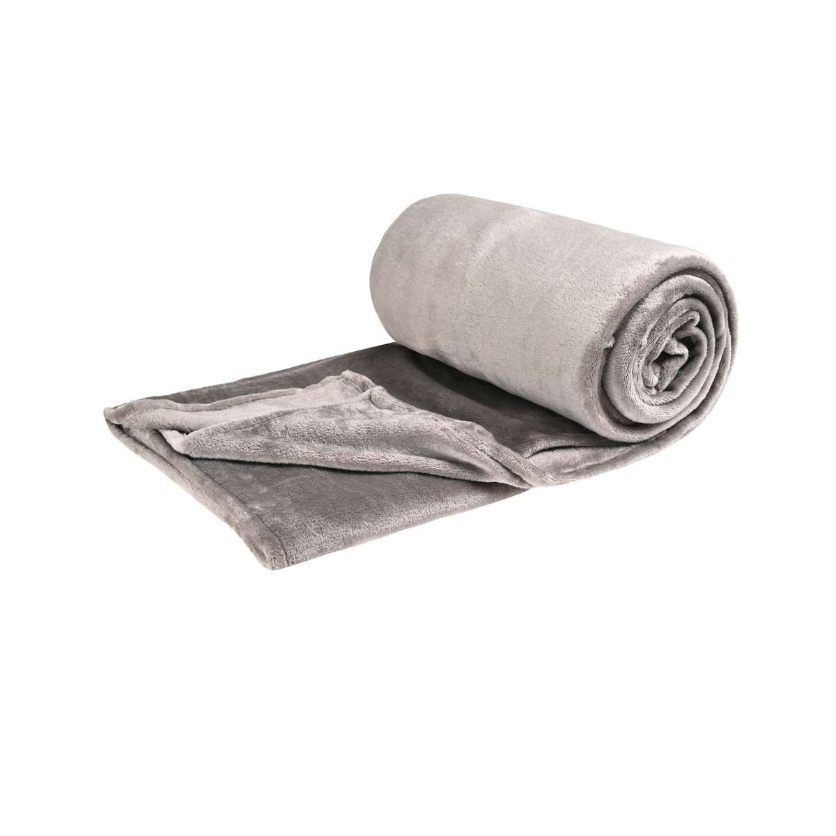 Cobija de flanel color gris claro tamaño matrimonial  doblada en forma de rollo