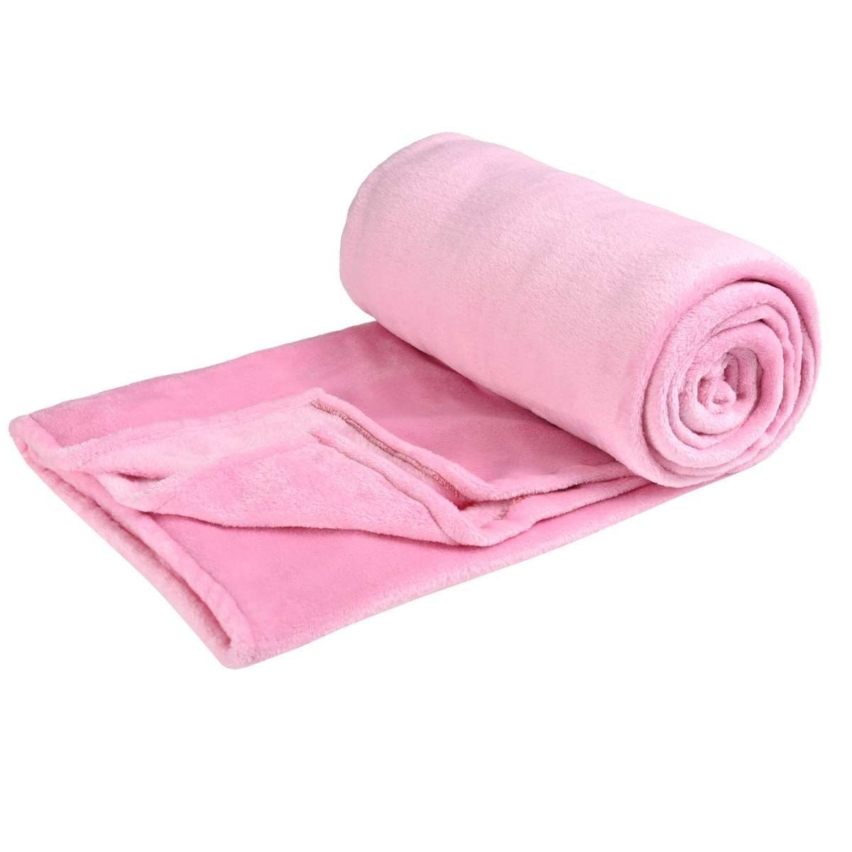 Cobija de flanel color rosa tamaño individual doblada en forma de rollo